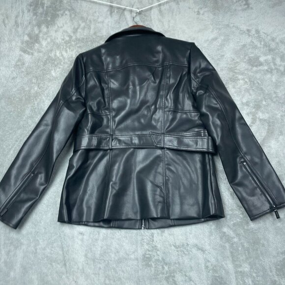 Kenneth Cole Black Faux Leather Belted Jacket Mid-Length Women’s Medium M d0297 - Picture 7 of 8